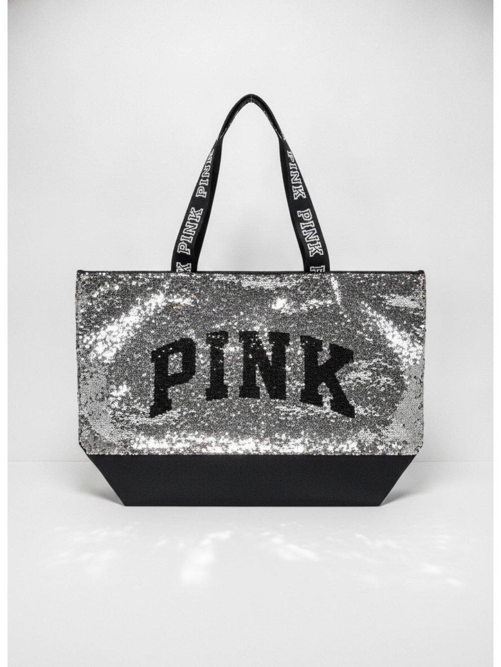 Victoria's Secret PINK Sequin Tote Bag with Black Base and Logo Strap NEW